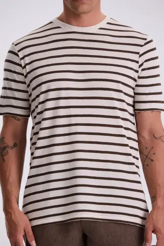 Бежевая полосатая футболка Slim Fit с круглым вырезом - 3