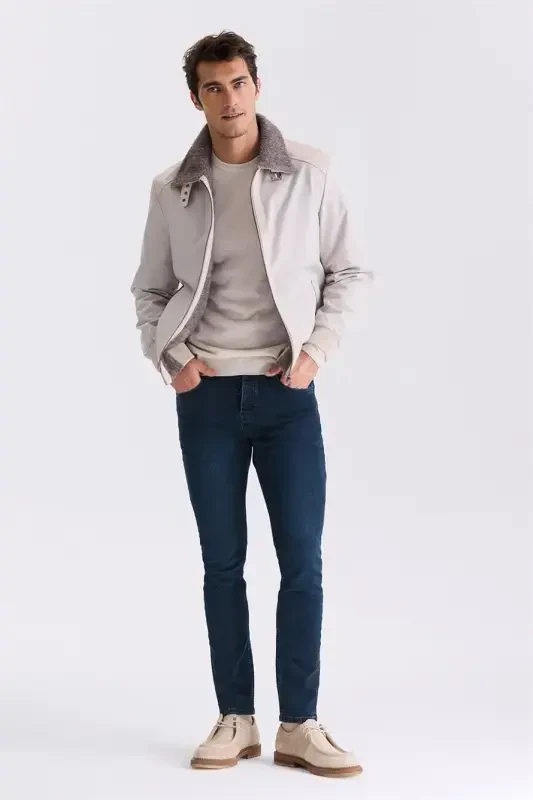 Бежевое кожаное пальто Comfort Fit с меховым воротником и застежкой-молнией спереди - 2