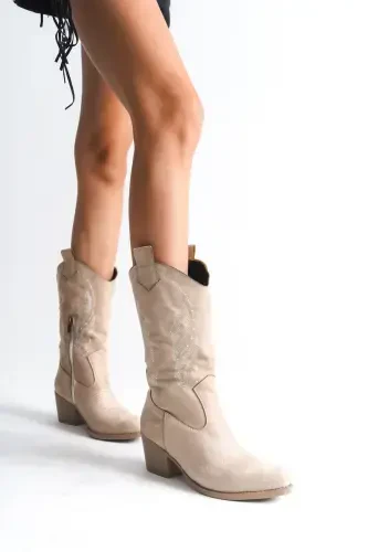 Бежевые замшевые вышитые женские ковбойские сапоги в стиле вестерн на молнии - Бежевая замша - 4