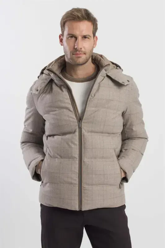 Бежевый комфортный клетчатый с капюшоном - 2