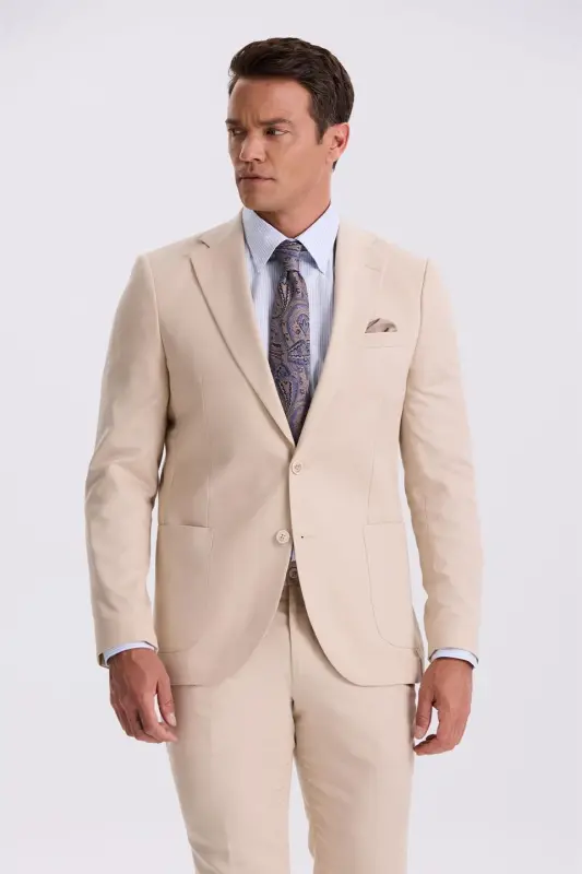 Бежевый костюм slim fit с воротником с лацканами из ткани тенсель, с двумя шлицами и прорезными карманами - 2