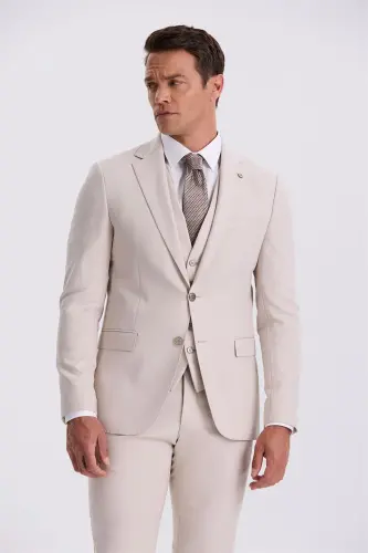 Бежевый костюм-тройка Slim Fit с воротником с лацканами и двумя шлицами - JAKAMEN (1)