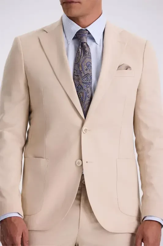 Бежевый однобортный костюм Slim Fit с воротником моно из ткани тенсел с двумя шлицами и карманами-портфелями - 3