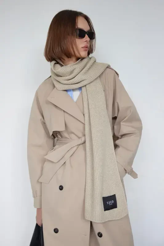 Бежевый Однотонный Вязаный Трикотажный Шарф-Бежевый - 4