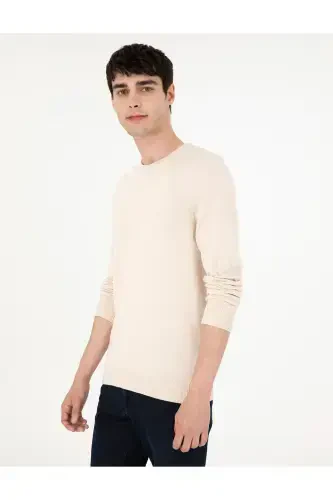 Бежевый Приталенный Трикотажный Базовый Свитер с Круглым Вырезом 50296575-VR011-Bej - 3