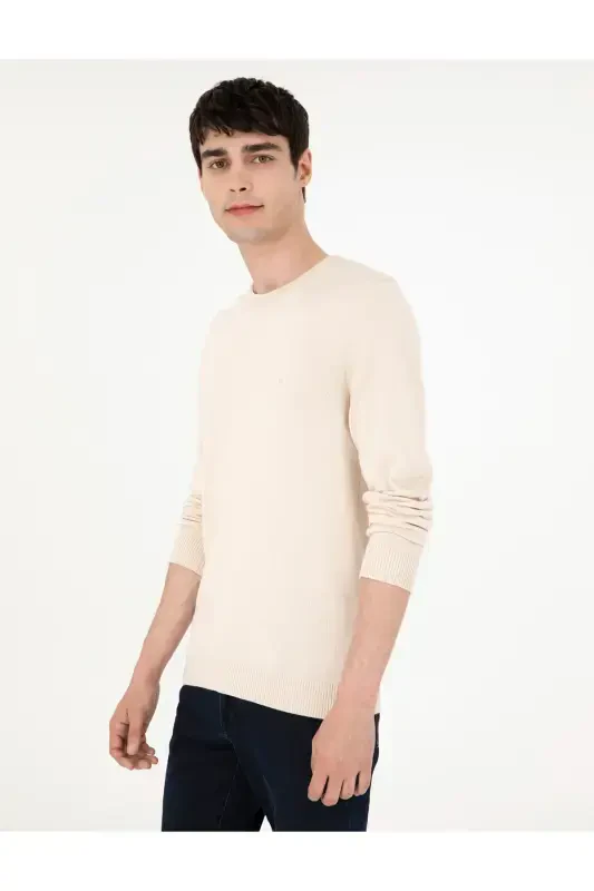 Бежевый Приталенный Трикотажный Базовый Свитер с Круглым Вырезом 50296575-VR011-Bej - 3