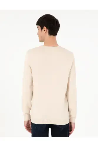 Бежевый Приталенный Трикотажный Базовый Свитер с Круглым Вырезом 50296575-VR011-Bej - 5