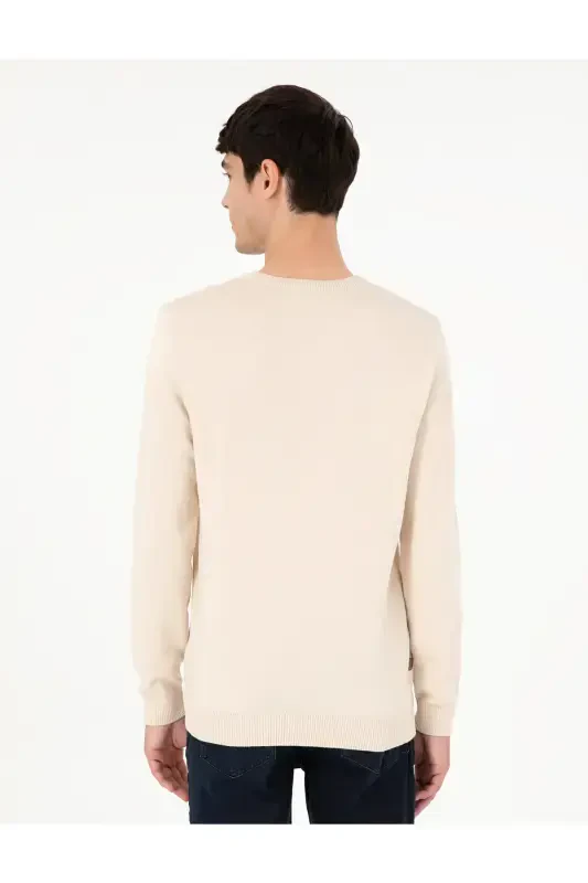 Бежевый Приталенный Трикотажный Базовый Свитер с Круглым Вырезом 50296575-VR011-Bej - 5