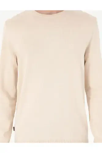 Бежевый Приталенный Трикотажный Базовый Свитер с Круглым Вырезом 50296575-VR011-Bej - 6