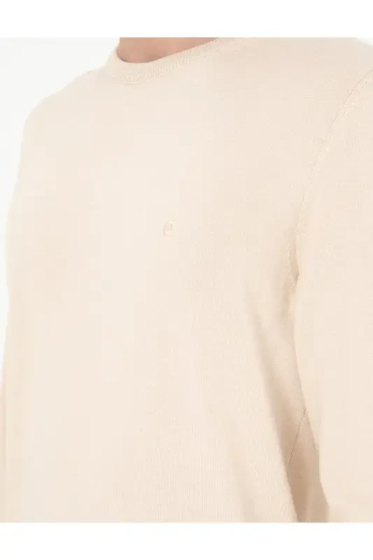 Бежевый Приталенный Трикотажный Базовый Свитер с Круглым Вырезом 50296575-VR011-Bej - 7