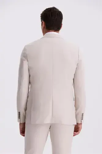 Бежевый Слим Фит Пиджак С Отложным Воротником И Двойным Разрезом - 4