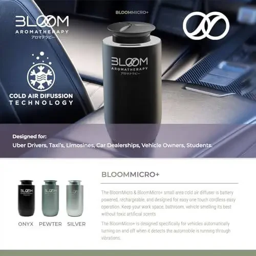 Безводный автомобильный диффузор для эфирных масел - BloomMicro+ Onyx автомобильный и домашний диффузор - Безводный диффузор ароматизатора воздуха - Заряжаемый автомобильный освежитель воздуха диффузор и ароматы более чем на 300 кв.м. - Серебристый - 2