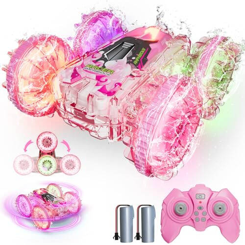 BFUNTOYS Amphibious Remote Control Car for Water or Land Play, RC Car for Kids Girls with LED Lights 4WD Stunt Car Pink Pool Toys with 70/36Minutes Play 2Batteries, 360°Rotation, 180°Flip, 2.4GHz Remote - 1