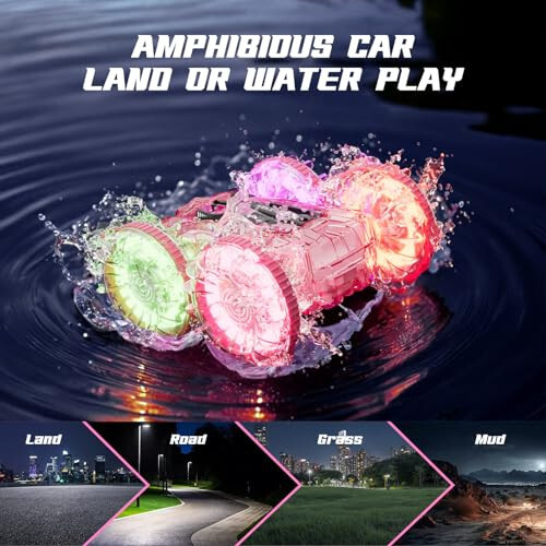 BFUNTOYS Amphibious Remote Control Car for Water or Land Play, RC Car for Kids Girls with LED Lights 4WD Stunt Car Pink Pool Toys with 70/36Minutes Play 2Batteries, 360°Rotation, 180°Flip, 2.4GHz Remote - 2