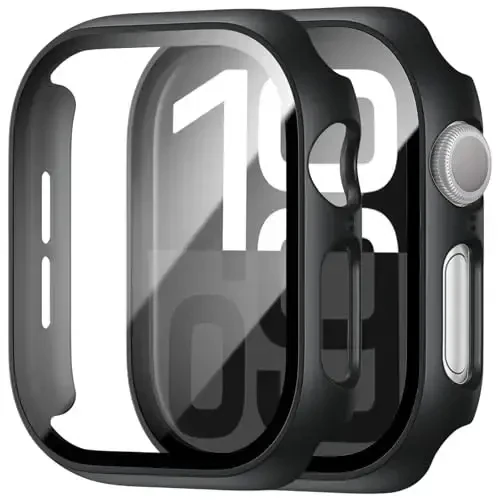 BHARVEST 2 Pack Case for Apple Watch Series 10 46mm Screen Protector, Hard PC Case with Tempered Glass Screen Protector Bubble-Free Cover Slim HD Ultra-Thin Bumper For Apple Watch 10 46mm,Black - 1