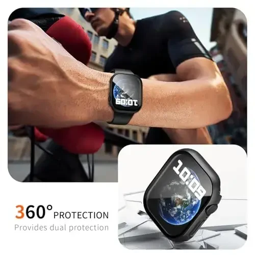 BHARVEST 2 Pack Case for Apple Watch Series 10 46mm Screen Protector, Slim Hard PC Case with Tempered Glass Screen Protector HD Ultra-Thin Bubble-Free Cover For Apple Watch 10 46mm,Black+Clear - 5