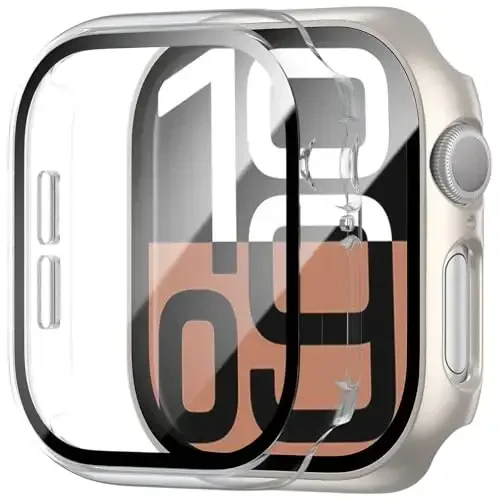 BHARVEST 2 Pack Case for Apple Watch Series 10 46mm Screen Protector, Slim Hard PC Case with Tempered Glass Screen Protector HD Ultra-Thin Bubble-Free Cover For Apple Watch 10 46mm,Starlight+Clear - 1