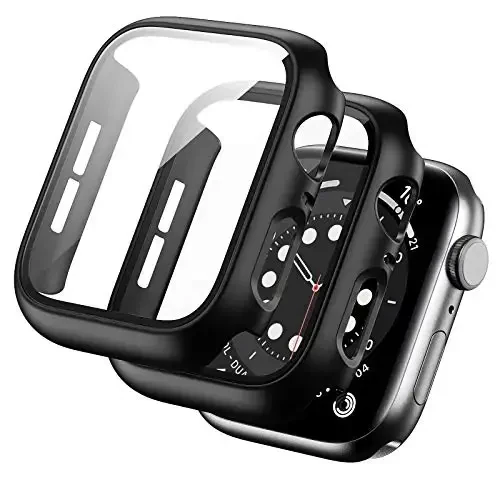 BHARVEST 2 Pack Hard PC Case Apple Watch SE 2022/Series 6/5/4/SE 40mm bilan mos keladi, Temperlangan shisha ekran himoyachisi bilan qoplangan, iWatch aksessuarlari uchun qora+qora 