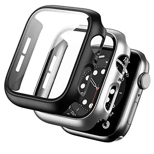 BHARVEST 2 Pack Hard PC Case Apple Watch SE 2022/Series 6/5/4/SE 44mm bilan mos keladi, Temperlangan shisha ekran himoyachisi bilan birga iWatch aksessuarlari uchun pufakchasiz qopqoq, Qora+Kumush 