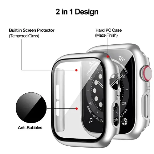 BHARVEST 2 Pack Hard PC Case Compatible with Apple Watch SE 2022/Series 6/5/4/SE 40mm, Case with Tempered Glass Screen Protector Overall Bubble-Free Cover for iWatch Accessories, Black+Silver - 3