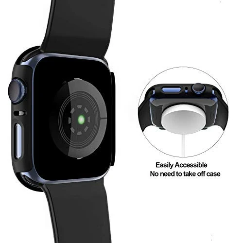 BHARVEST 2 Pack Hard PC Case Compatible with Apple Watch SE 2022/Series 6/5/4/SE 44mm, Case with Tempered Glass Screen Protector Overall Bubble-Free Cover for iWatch Accessories, Black+Black - 4