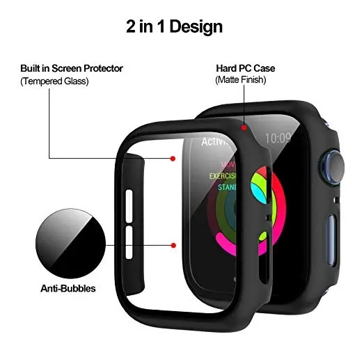 BHARVEST 2 Pack Hard PC Case Compatible with Apple Watch Series 3/2/1 38mm, Case with Tempered Glass Screen Protector Overall Bubble-Free Cover for iWatch Accessories, Black+Black - 3
