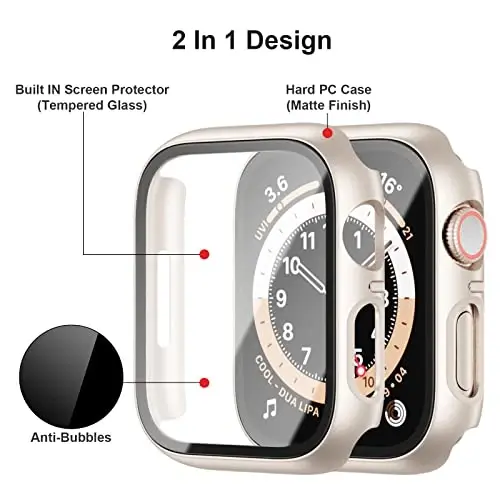 BHARVEST 2 Pack Hard PC Case Compatible with Apple Watch Series 9/8/7 45mm, Case with Tempered Glass Screen Protector Overall Bubble-Free Cover for iWatch 9/8/7 Accessories, Starlight+Clear - 3