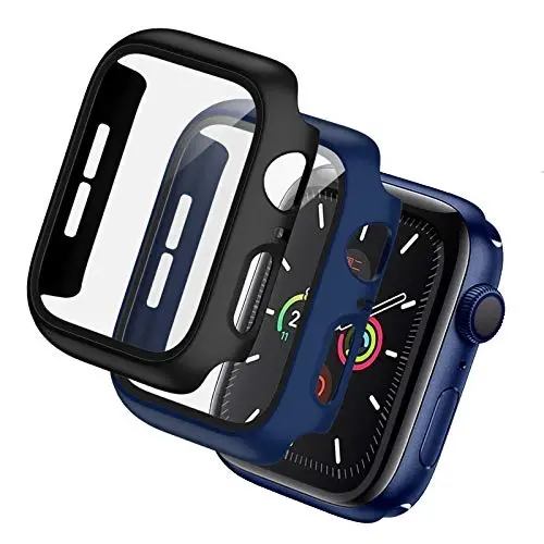 BHARVEST 2 Pack Qattiq kompyuter g'ilofi Apple Watch Series 3/2/1 38 mm bilan mos keladi, Temperlangan shisha ekran himoyachisi bilan iWatch aksessuarlari uchun umumiy pufakchasiz qoplama, qora+ko'k 