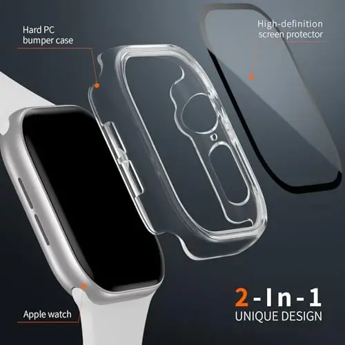 BHARVEST 2 Pack Case for Apple Watch Series 10 42mm Screen Protector, Slim Hard PC Case with Tempered Glass Screen Protector HD Ultra-Thin Bubble-Free Cover For Apple Watch 10 42mm,Starlight+Clear - 3