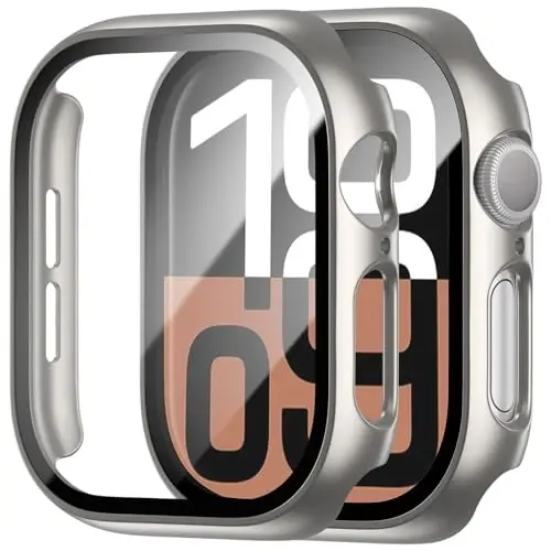 BHARVEST 2 Pack Case for Apple Watch Series 10 42mm Screen Protector, Hard PC Case with Tempered Glass Screen Protector Bubble-Free Cover Slim HD Ultra-Thin Bumper For Apple Watch 10 42mm,Titanium - 1