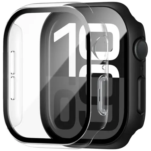 BHARVEST 2 Pack Case for Apple Watch Series 10 46mm Screen Protector, Slim Hard PC Case with Tempered Glass Screen Protector HD Ultra-Thin Bubble-Free Cover For Apple Watch 10 46mm,Black+Clear - 1