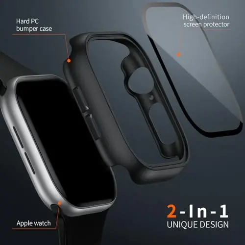 BHARVEST 2 Pack Case for Apple Watch Series 10 46mm Screen Protector, Slim Hard PC Case with Tempered Glass Screen Protector HD Ultra-Thin Bubble-Free Cover For Apple Watch 10 46mm,Black+Clear - 2