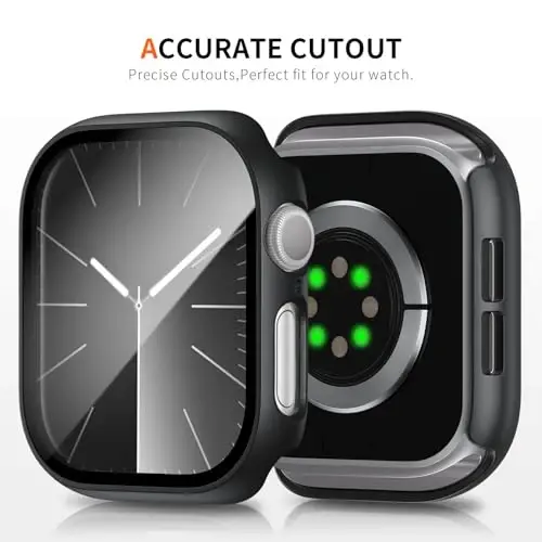 BHARVEST 2 Pack Case for Apple Watch Series 10 46mm Screen Protector, Slim Hard PC Case with Tempered Glass Screen Protector HD Ultra-Thin Bubble-Free Cover For Apple Watch 10 46mm,Black+Clear - 3
