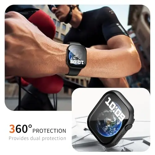BHARVEST 2 Pack Case for Apple Watch Series 10 46mm Screen Protector, Slim Hard PC Case with Tempered Glass Screen Protector HD Ultra-Thin Bubble-Free Cover For Apple Watch 10 46mm,Black+Clear - 5