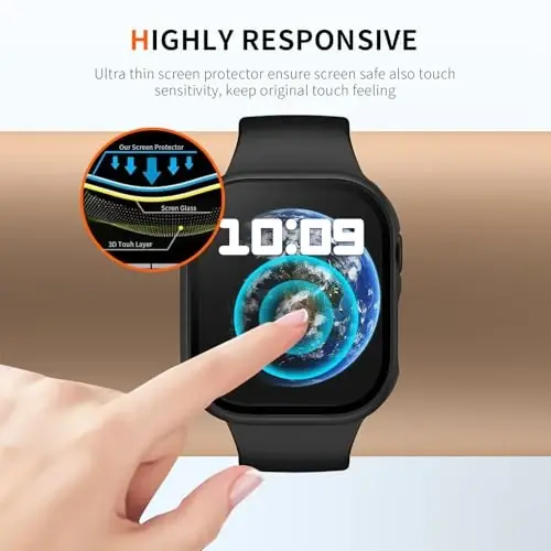 BHARVEST 2 Pack Case for Apple Watch Series 10 46mm Screen Protector, Slim Hard PC Case with Tempered Glass Screen Protector HD Ultra-Thin Bubble-Free Cover For Apple Watch 10 46mm,Black+Clear - 6