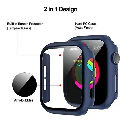 BHARVEST 2 Pack Hard PC Case Compatible with Apple Watch Series 3/2/1 38mm, Case with Tempered Glass Screen Protector Overall Bubble-Free Cover for iWatch Accessories, Black+Blue - 3