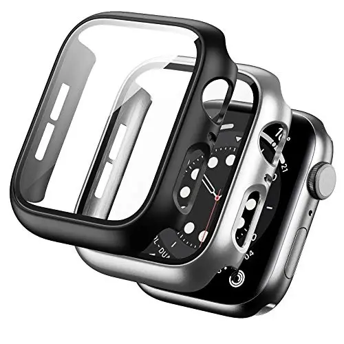 BHARVEST 2 Pack Hard PC Case Compatible with Apple Watch Series 3/2/1 42mm, Case with Tempered Glass Screen Protector Overall Bubble-Free Cover for iWatch Accessories, Black+Silver - BHARVEST