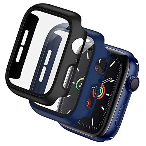 BHARVEST 2 Pack Hard PC Case Compatible with Apple Watch Series 9/8/7 45mm, Case with Tempered Glass Screen Protector Overall Bubble-Free Cover for iWatch 9 8 7 Accessories, (Black+Blue, 45mm) - 1