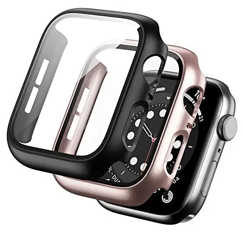 BHARVEST 2 Pack Hard PC Case Compatible with Apple Watch Series 3/2/1 38mm, Case with Tempered Glass Screen Protector Overall Bubble-Free Cover for iWatch Accessories, Black+Rose Gold - 5