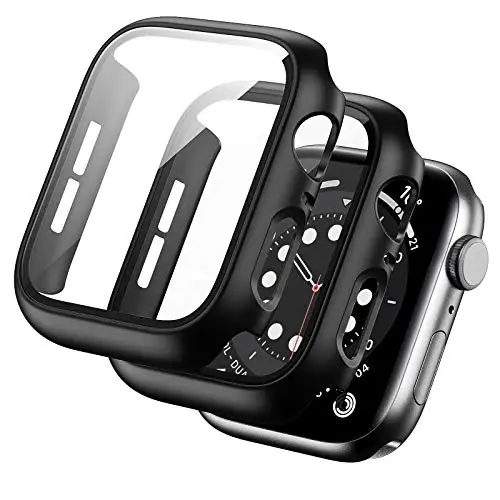 BHARVEST 2 Pack Hard PC Case Compatible with Apple Watch Series 3/2/1 38mm, Case with Tempered Glass Screen Protector Overall Bubble-Free Cover for iWatch Accessories, Black+Black - 1