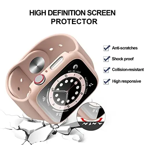 BHARVEST 3 Pack Hard PC Case Apple Watch Series 9/8/7 45mm bilan mos keladi, Temperli Shisha Ekran Himoyachisi bilan iWatch 9/8/7 Aksessuarlari uchun Bubble-Free Overall Cover (Qora+Pushti+Shaffof,45mm) - BHARVEST (1)