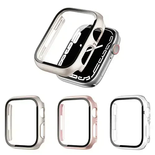 BHARVEST 3-Pack Hard PC Case Compatible with Apple Watch Series 9/8/7 41mm, Case with Tempered Glass Screen Protector Bubble-Free Cover for iWatch 9/8/7 Accessories, Starlight+Rose Gold+Clear - 1