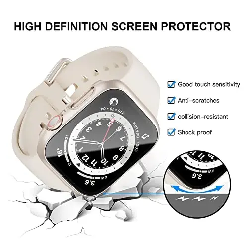 BHARVEST 3-Pack Hard PC Case Compatible with Apple Watch Series 9/8/7 45mm, Case with Tempered Glass Screen Protector Bubble-Free Cover for iWatch 9/8/7 Accessories, Starlight+Rose Gold+Clear - 2