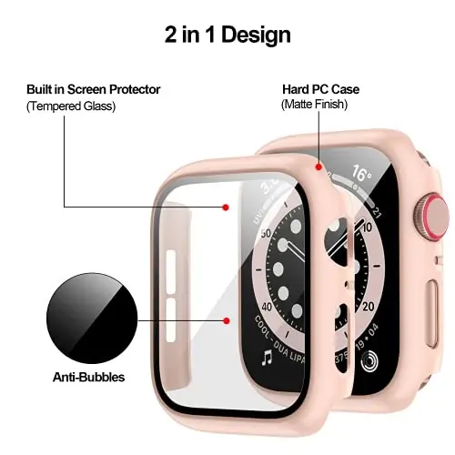 BHARVEST 3 Pack Hard PC Case Compatible with Apple Watch Series 9/8/7 45mm, Case with Tempered Glass Screen Protector Overall Bubble-Free Cover for iWatch 9/8/7 Accessories, (Black+Pink+Clear,45mm) - 3