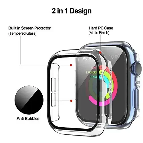BHARVEST 4 Pack Hard PC Case Apple Watch Series 3/2/1 42mm bilan mos keladi, закалённое стёкло ekran himoyachisi bilan g'ilof iWatch aksessuarlari uchun umumiy havo pufaksiz qoplama, Qora+Ko'k+Kumush+Shaffof - 3