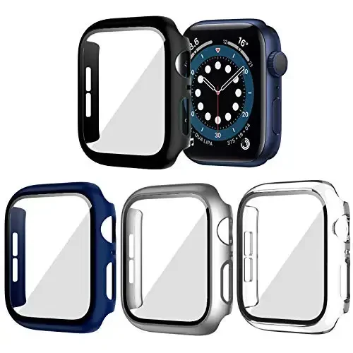 BHARVEST 4 Pack Hard PC Case Compatible with Apple Watch SE 2022/Series 6/5/4/SE 40mm, Case with Tempered Glass Screen Protector Bubble-Free Cover for iWatch Accessories, Black+Blue+Silver+Clear 