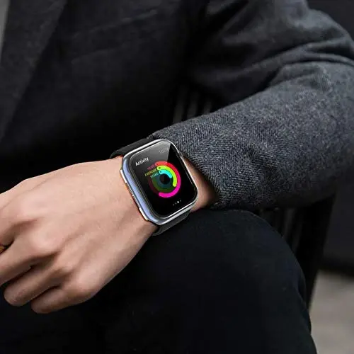 BHARVEST 4 Pack Hard PC Case Compatible with Apple Watch Series 3/2/1 42mm, Case with Tempered Glass Screen Protector Overall Bubble-Free Cover for iWatch Accessories, Black+Blue+Silver+Clear 