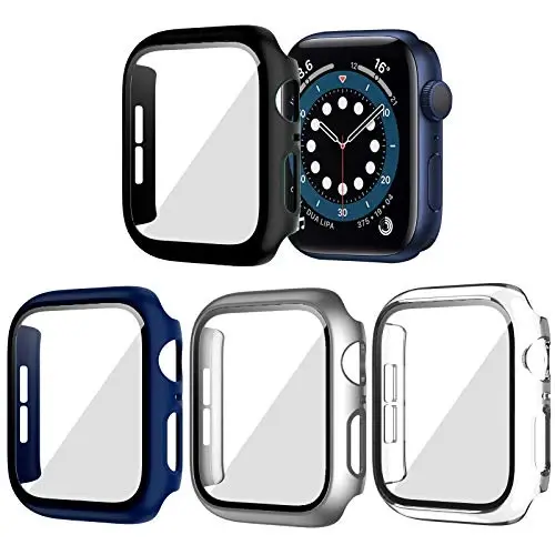 BHARVEST 4 Pack Hard PC Case Compatible with Apple Watch Series 3/2/1 38mm, Case with Tempered Glass Screen Protector Overall Bubble-Free Cover for iWatch Accessories, Black+Blue+Silver+Clear 