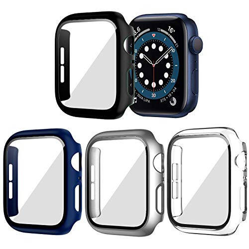 BHARVEST 4 Pack Hard PC Case Compatible with Apple Watch SE 2022/Series 6/5/4/SE 44mm, Case with Tempered Glass Screen Protector Bubble-Free Cover for iWatch Accessories, Black+Blue+Silver+Clear - 1