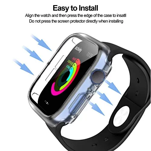 BHARVEST 4 Pack Hard PC Case Compatible with Apple Watch Series 3/2/1 38mm, Case with Tempered Glass Screen Protector Overall Bubble-Free Cover for iWatch Accessories, Black+Blue+Silver+Clear - 5